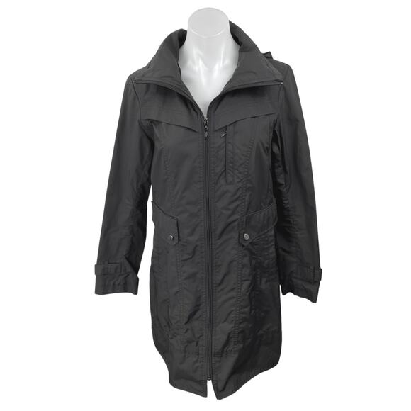 Cole Haan Black Long Sleeve Zip Hooded Packable Trench Coat Rain Jacket Size S - Picture 1 of 5